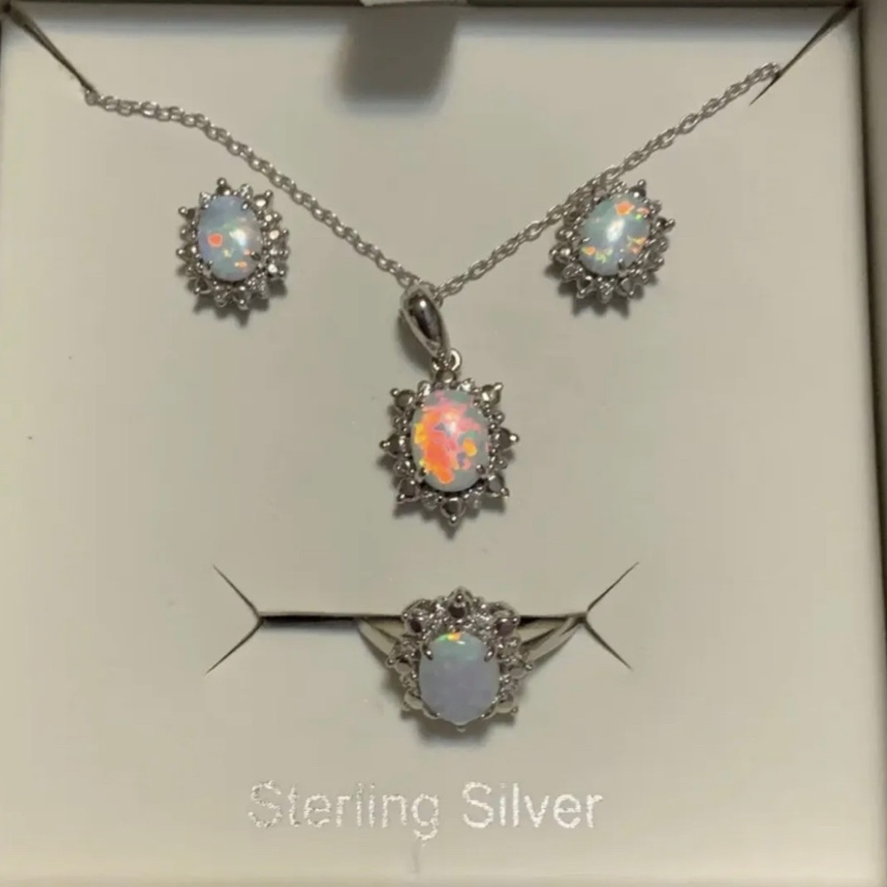 Simulated Sterling Silver .925 Opal Earrings, Necklace, & Ring Size 7 Set